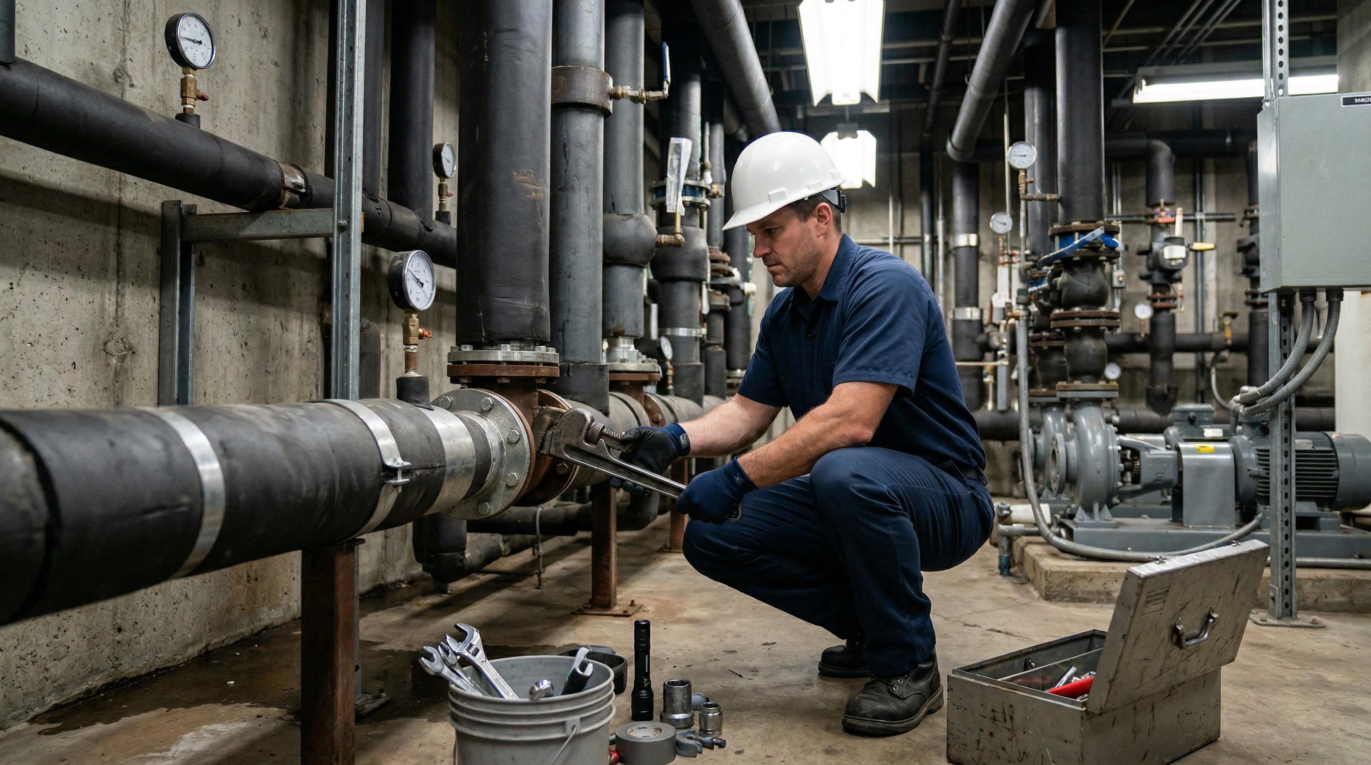 Professional plumbers working on commercial building plumbing systems.