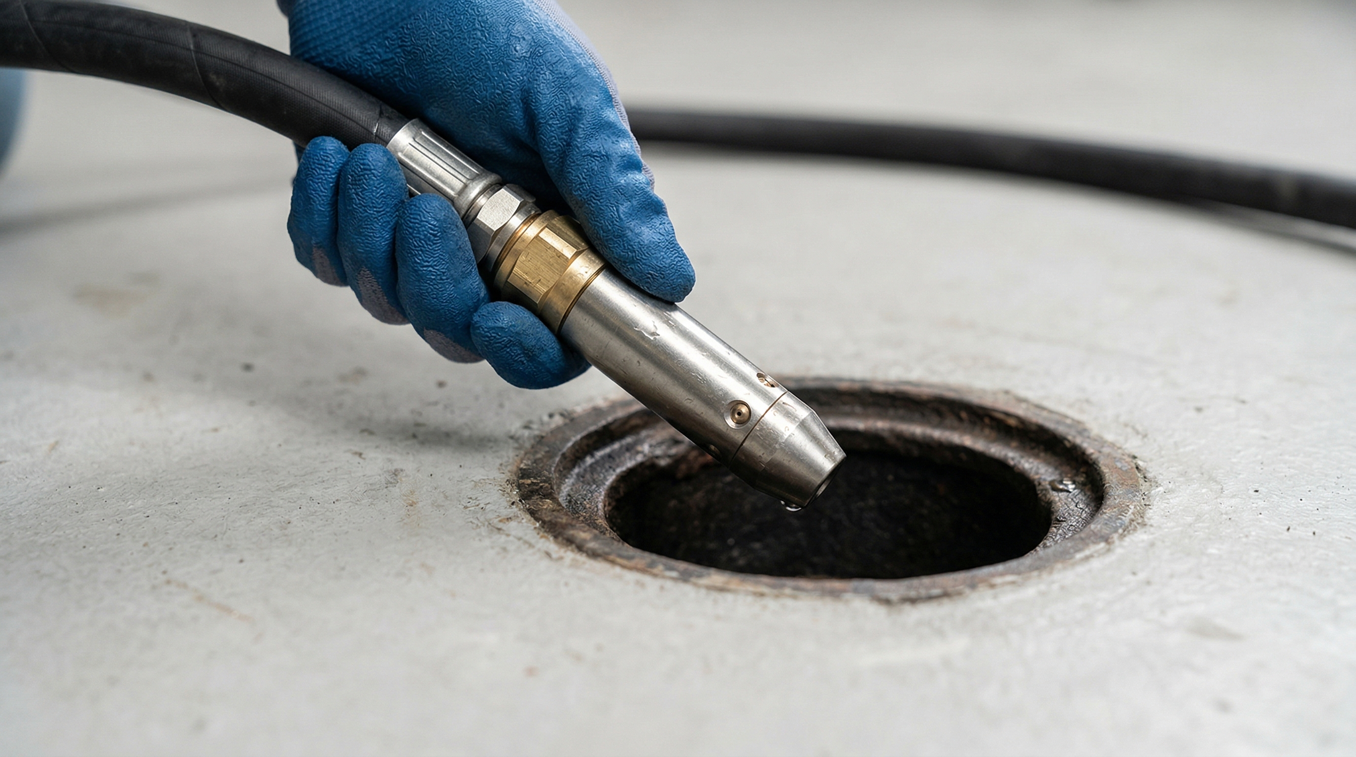 A plumber using professional hydro-jetting equipment to clean a residential drain.